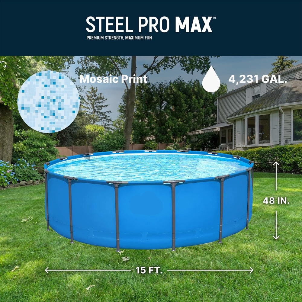 Steel Pro MAX 15ft x 48in Above Ground Pool - Round Metal Frame Outdoor Swimming Pool for Backyard Family Fun