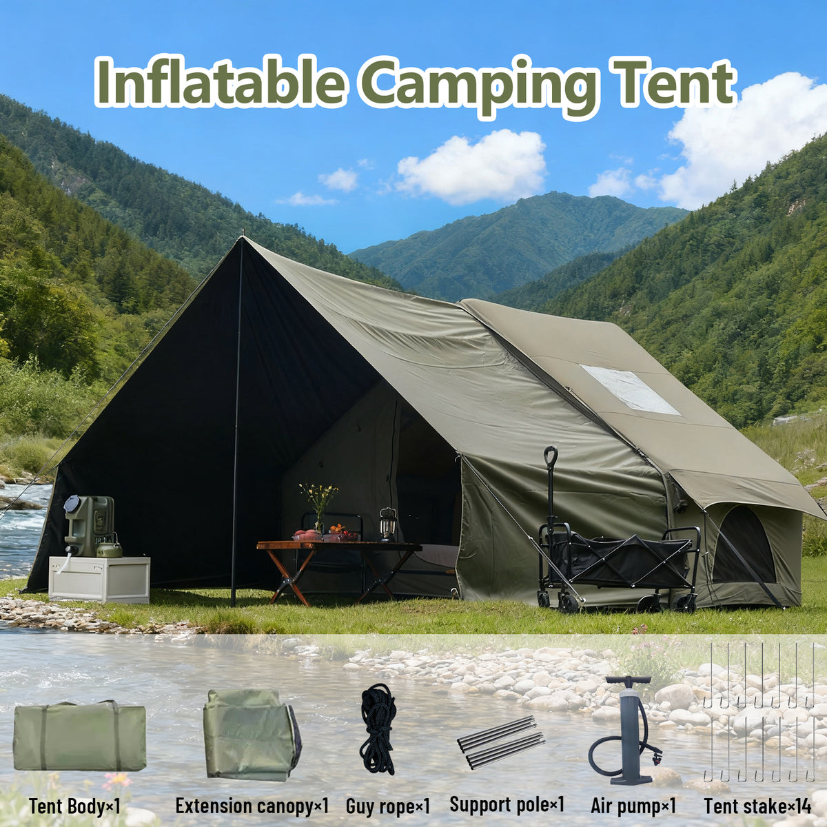 PAKICETUS 8-Person Inflatable Glamping Tent - Quick Setup Blow Up Air Tent with Extra-Large Canopy Living Room & Mesh Windows