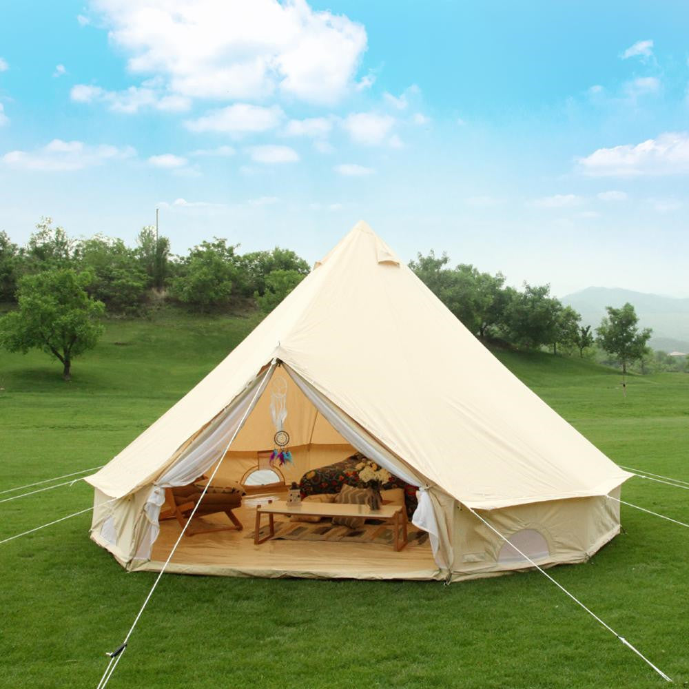 Luxury Waterproof Outdoor Glamping Bell Tent - 4-Season Canvas Yurt Tent for Family Camping & Backyard Resort