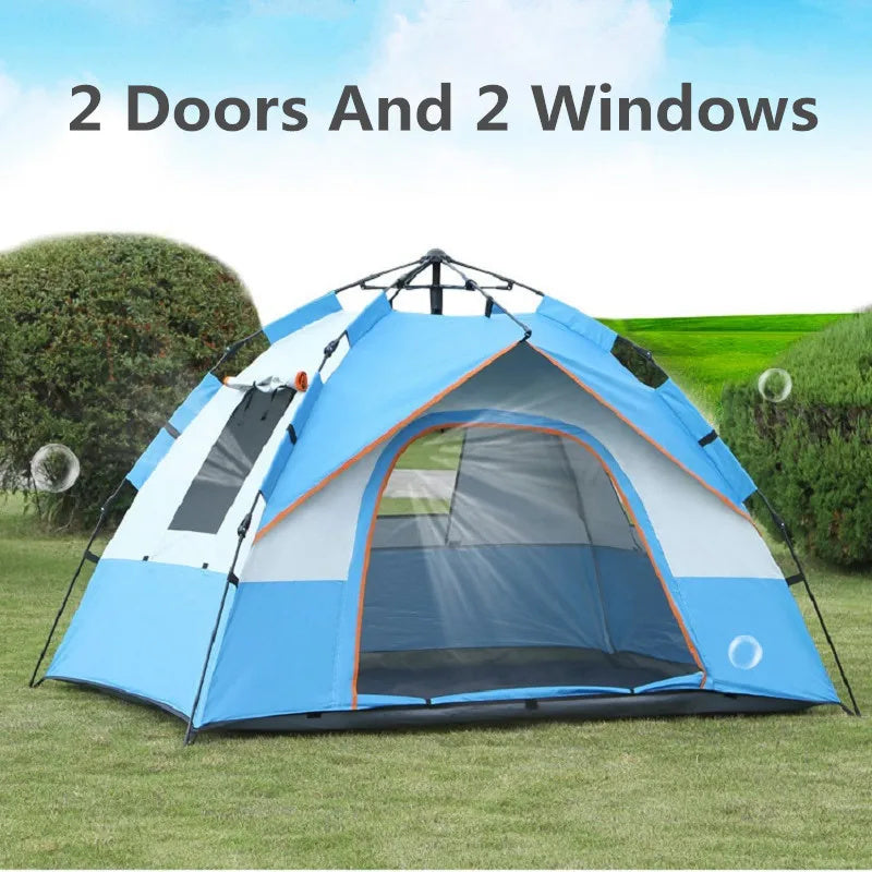 Automatic 3-4 Person Camping Tent - Quick Open Waterproof & UV Resistant Family Travel Tent with 2 Doors & 2 Windows